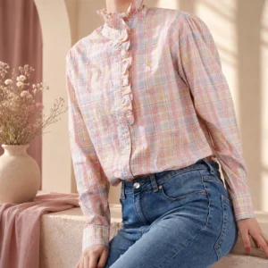 Navy Pastel Plaid Ruffle Blouse