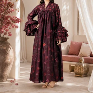 Plum Floral Vine Ruffle Sleeve Maxi Dress