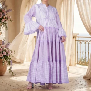 Lavender Stripe & Gingham Tiered Maxi Dress