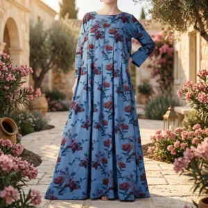 Blue Burgundy Floral Pleated Maxi Dress