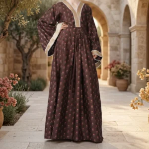 Brown Floral Embroidered Kaftan Maxi Dress